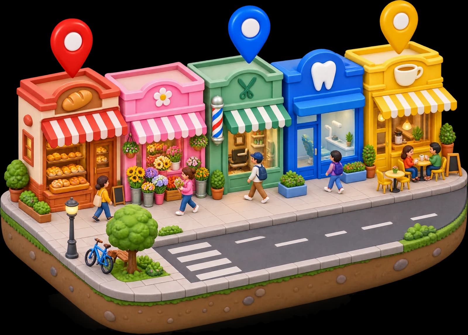 A miniature street of local shops, a bakery, a florist, a barber, a dentist and a café, with map pins above three of them